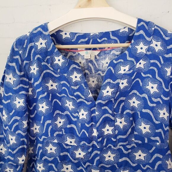 Boden Star Print Blue White 100% Linen Dress Size 4 Petite July 4th Patriotic - Picture 4 of 9